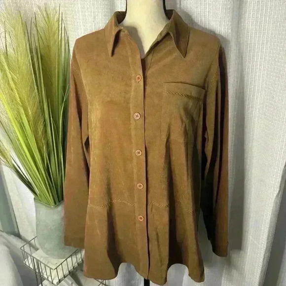 Bechamel Tops - Bechamel Women’s Large Brown Suede Like Western Long Sleeve Button Up Top